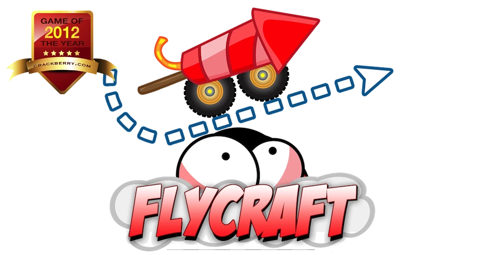 FlyCraft key art: Herbie the ladybug peeks over the FLYCRAFT logo on a cloud while a red rocket cart flies along a dashed arc, with a CrackBerry 2012 award badge.