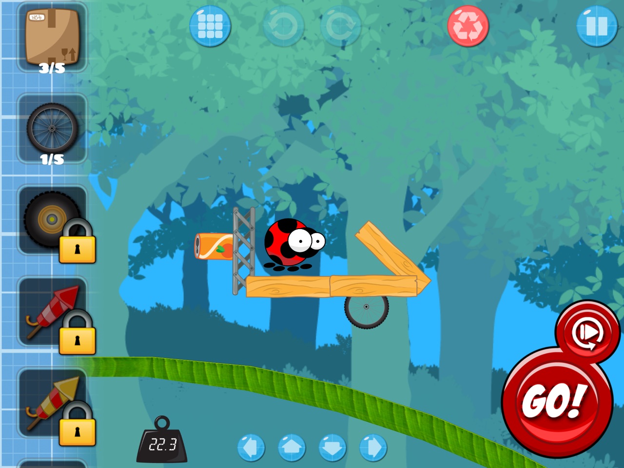 The drawing board over the forest: Herbie sits on a plank cart with a soda can, a steel beam and a bike wheel; the parts shelf on the left shows locked rockets and a padlock, a weight readout says 22.3, and a big red GO! button waits at the bottom right.