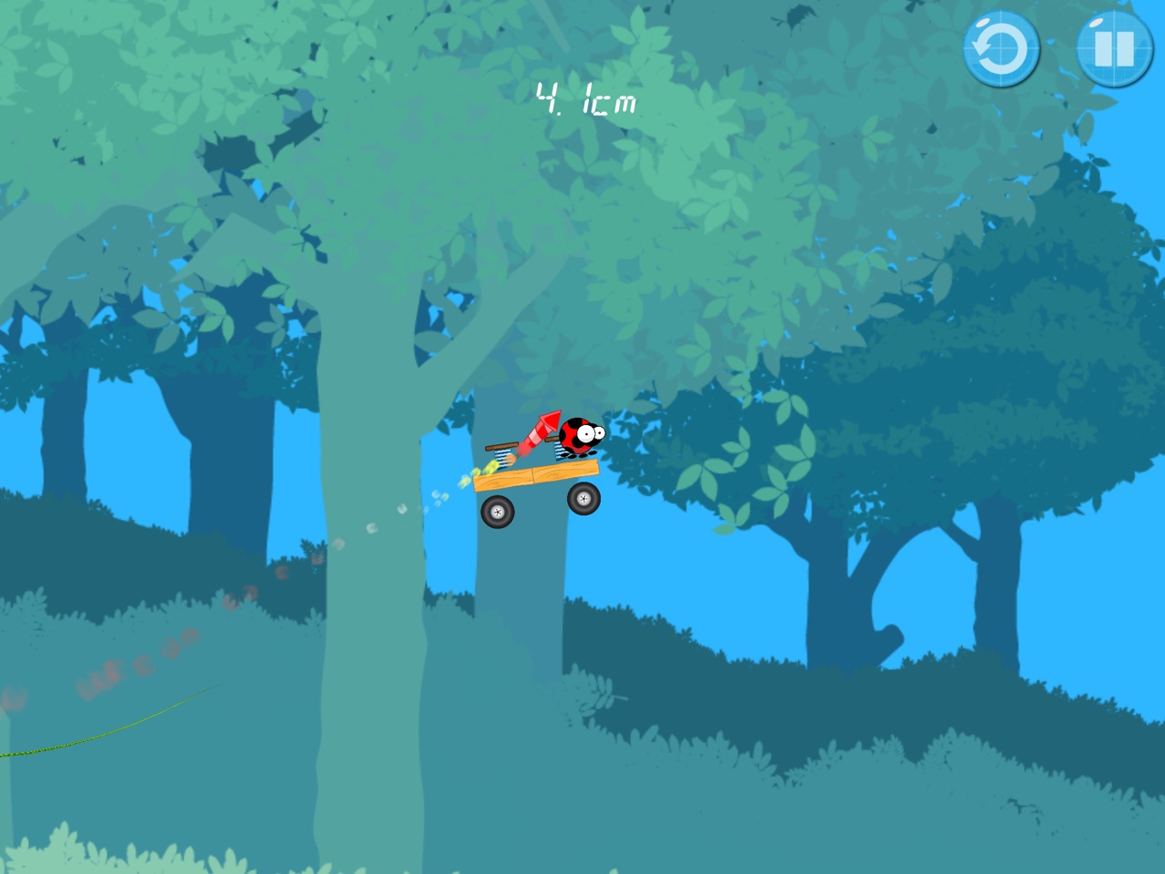 Mid-flight over the forest: the rocket-powered cart is airborne with an exhaust flame, the readout shows 4.1cm.