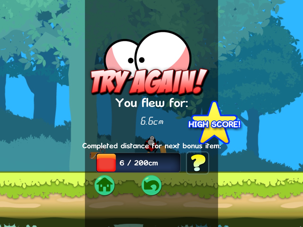 Results popup with Herbie's wide eyes: TRY AGAIN! You flew for 6.6cm, a HIGH SCORE! star, a progress bar towards the next bonus item, and home and replay buttons.