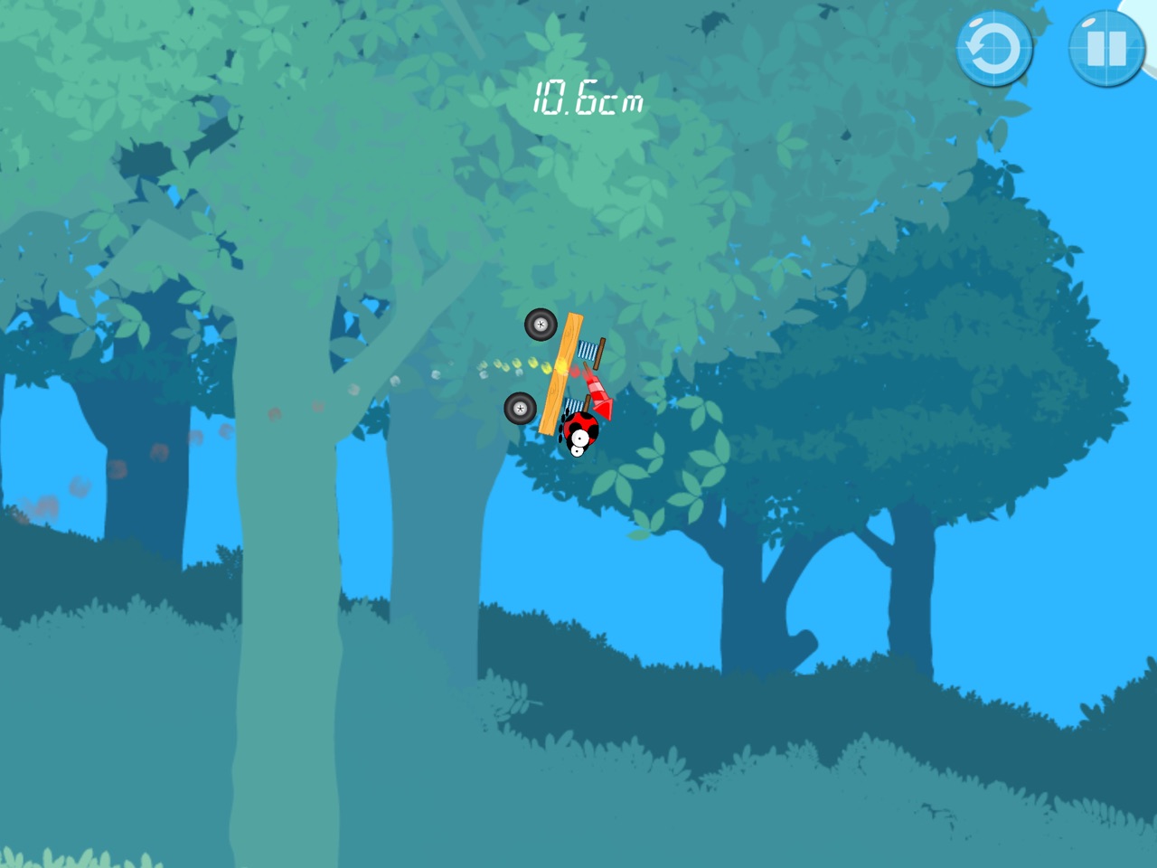 The cart tumbles upside down in mid-air, wheels and rocket flailing, at 10.6cm.