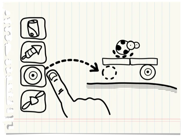 Sketch: a finger drags a wheel from the parts sidebar onto a plank cart with Herbie on top.