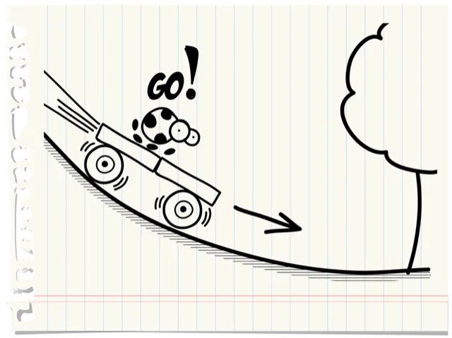 Sketch: the cart rolls down a curved ramp after a GO! shout.