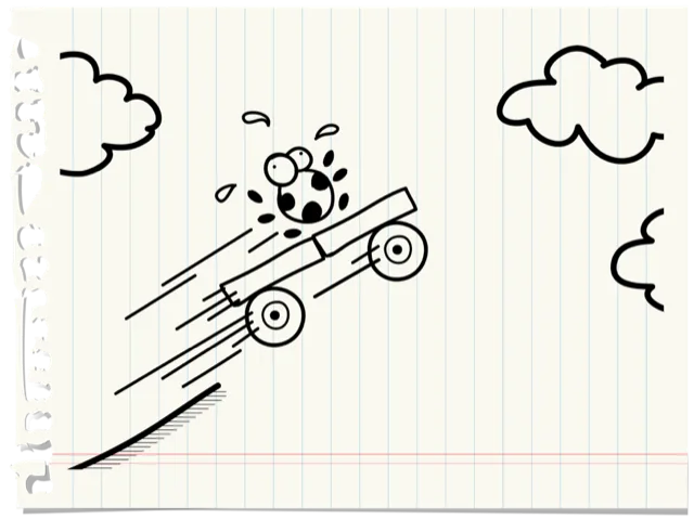 Sketch: the cart flies through the air on a burning rocket.