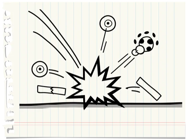 Sketch: the cart hits the ground and its parts fly apart in a burst.